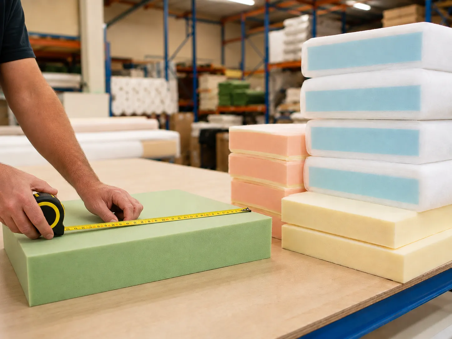 Custom foam being measured and cut to size in the Home Upholsterer workshop