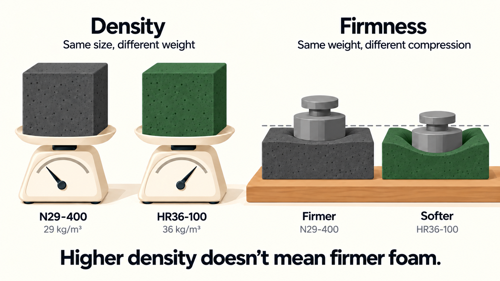 Two same-sized foam blocks on scales: N29-400 weighs less at 29 kg/m³ and HR36-100 weighs more at 36 kg/m³. Under the same weight, N29-400 compresses less and HR36-100 sinks further. Higher density doesn't mean firmer foam.