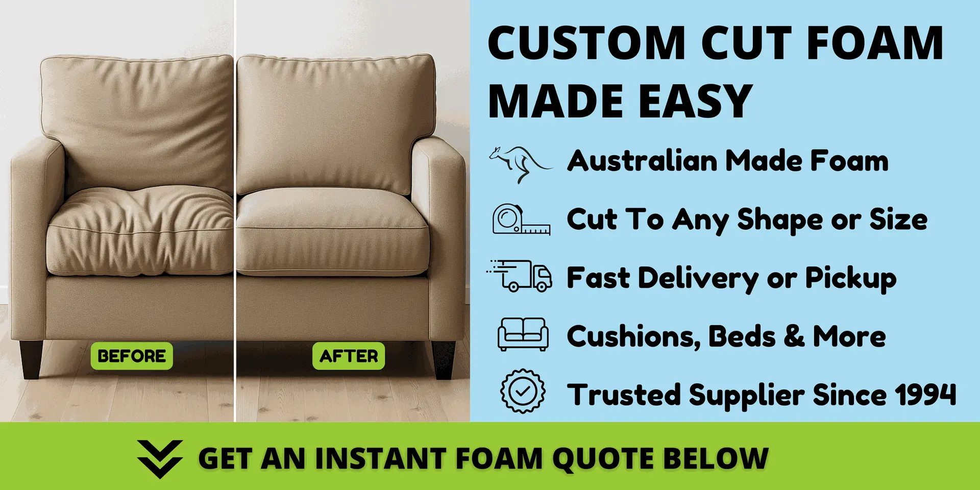 Before and after cushion with custom cut foam. Order Australian made foam online at Home Upholsterer