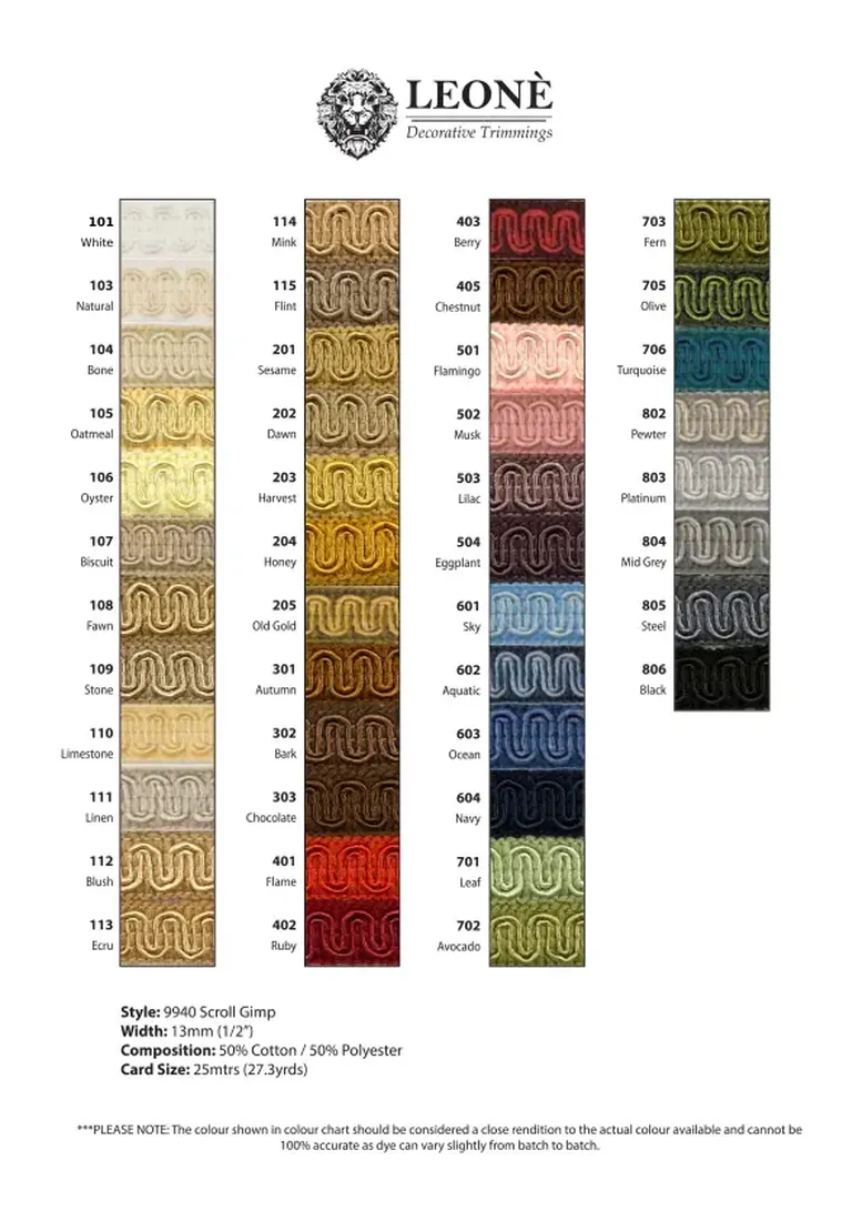 Colour Chart - LEONE 9940 Scroll Gimp 13mm (09.2025).webp